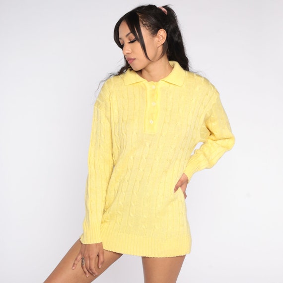 DVF Yellow Sweater 80s Pastel Cable Knit Pullover Diane Von Furstenberg Polo Sweater Collared Jumper Retro Button Up Vintage 1980s Large L