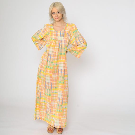 70s Maxi Caftan Dress Patchwork Plaid Wide Sleeve Boho 1970s Bohemian Hippie Festival Vintage Yellow Peach Small
