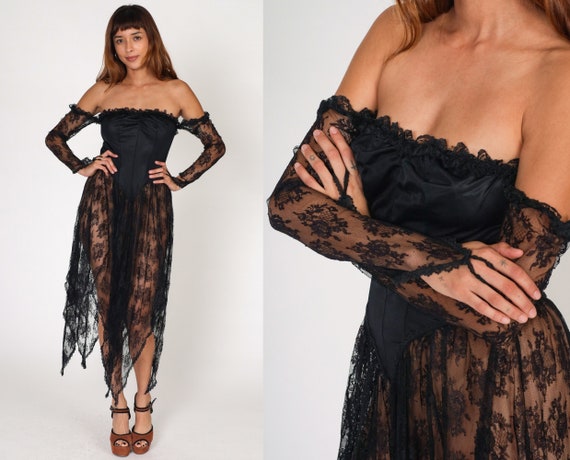 Black Lace Dress 80s Sheer Party Dress Hanky Hem Off Shoulder Basque Waist Sexy Goth Going Out Gothic Festival Witchy Vintage 1980s Small S