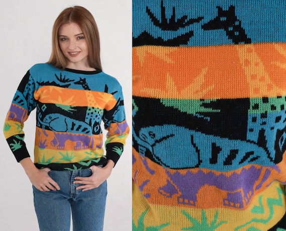 Safari Animal Sweater 90s Striped Knit Sweater Elephant Giraffe Snake Print Jungle Neon Blue Orange Yellow Green Purple Vintage 1990s XS