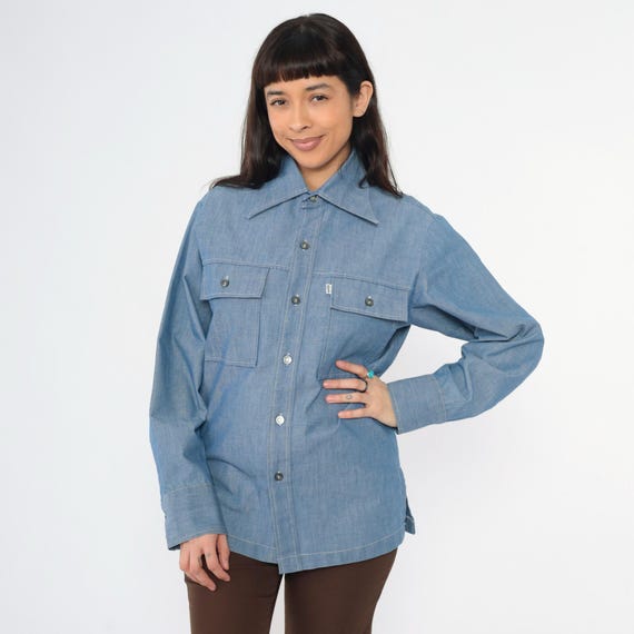 Vintage Levi’s Panatela Chambray Shirt 70s Blue Button Up Shacket Long Sleeve Faux Denim Utility Workwear 1970s Western Work Top Medium M