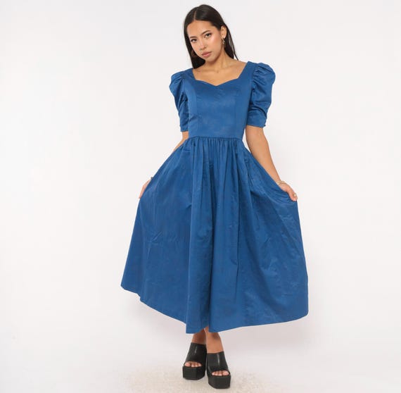 80s Laura Ashley Puff Sleeve Dress Blue Cotton Sweetheart Neckline V Back Midi Prom Gown Romantic Goth Fit Flare Vintage Extra Small XS