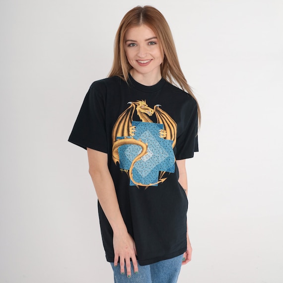 Dragon T-Shirt 90s Sacred Geometry Shirt Asian Mythology Animal Graphic Tee Retro TShirt Fantasy Black Top Vintage 1990s Jerzees Medium M