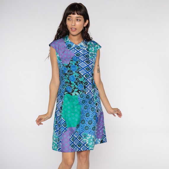 Psychedelic Mini Dress 60s Mod Floral Dress Blue Boho 70s Hippie Shift Bohemian Sleeveless Vintage 1960s I Magnin Purple Small S