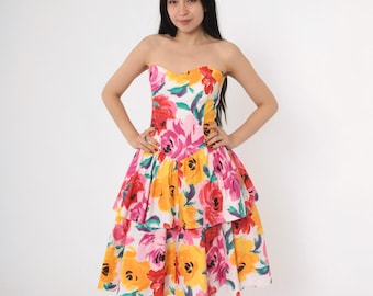 Vestido floral vintage sem alças anos 80 vestido de verão tropical brilhante decote coração midi cintura basca verão anos 80 rosa amarelo pequeno médio
