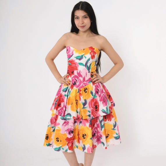 Vintage Strapless Floral Dress 80s Bright Tropical Sundress Sweetheart Neckline Midi Basque Waist Sun Summer 1980s Pink Yellow Small Medium