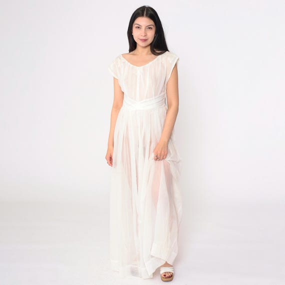 Vintage 1940s White Sheer Nightgown Beaded Sequin Embellished Cap Sleeve Pleated Skirt Ethereal Bridal Lingerie WWII Small S