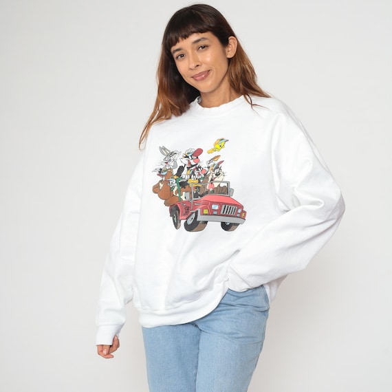 Looney Tunes Sweatshirt 90s White Graphic Jeep Bugs Bunny Tweety Sylvester Taz Devil Long Sleeve Crew Neck Cotton Oversized Extra Large XL