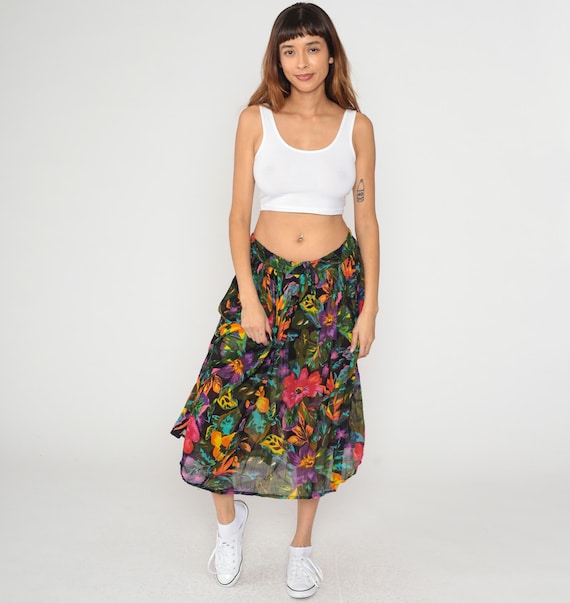 Tropical Broomstick Skirt 90s Floral Midi Pink Orange Purple Black Flowing Gathered Waist Bright Hawaiian Summer Vacation Hibiscus M to XL