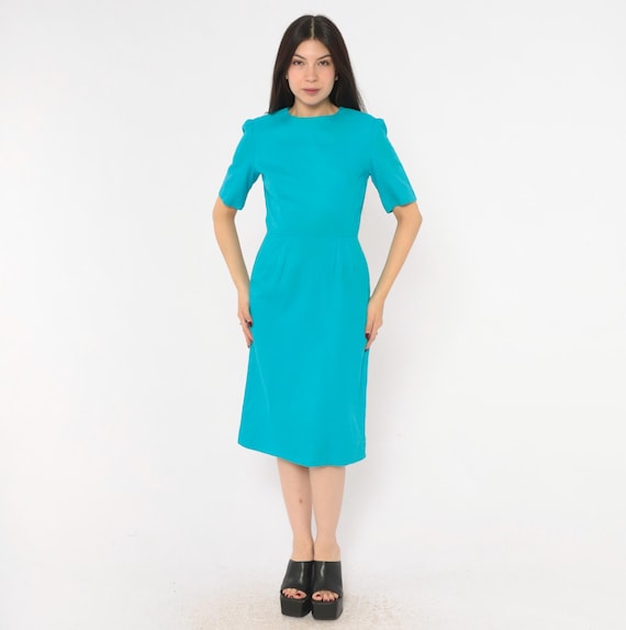 60s Teal Sheath Dress Back Zipper Puff Sleeve Fitted Waist Knee Length Turquoise Blue A Line Frock Mod Shift Vintage Extra Small XS