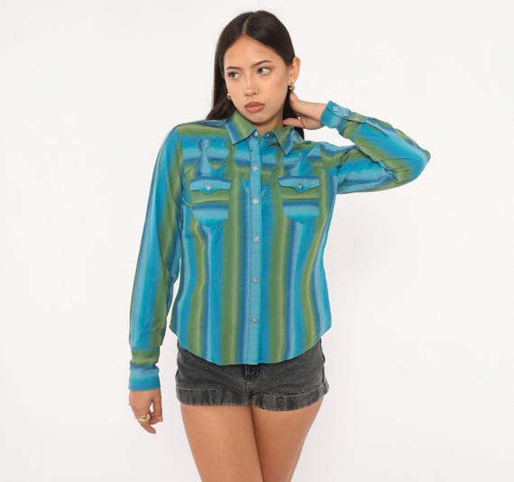 Cowgirl Western Shirt 2000s Striped Snap Button Blue Green Teal Olive Blouse Long Sleeve   Cotton Yoke Detail Country Roper Top Small S