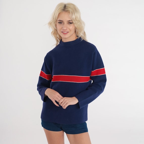 70s Navy Blue Sweater Red Striped Bohemian Retro Sweater Wool Blend 1970s Vintage Boho Nerd Sweater Stripes Hippie Small Medium