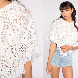 White Crochet Cape Shawl 70s FRINGE Cape Hippie Boho Knit Jacket Poncho Festival 1970s Bohemian Vintage Grandma Shawl Small Medium image 1