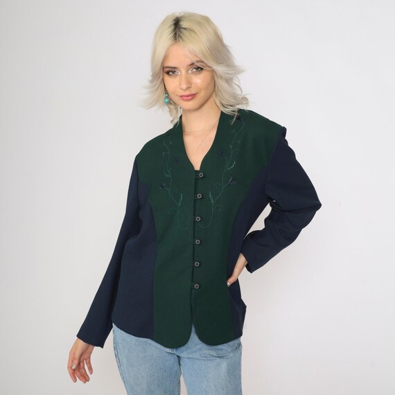 90s Floral Embroidered Blouse Green and Navy Blue Color Block Button-Up Shirt Long Sleeve Top 1990s Vintage Large 14 P Petite
