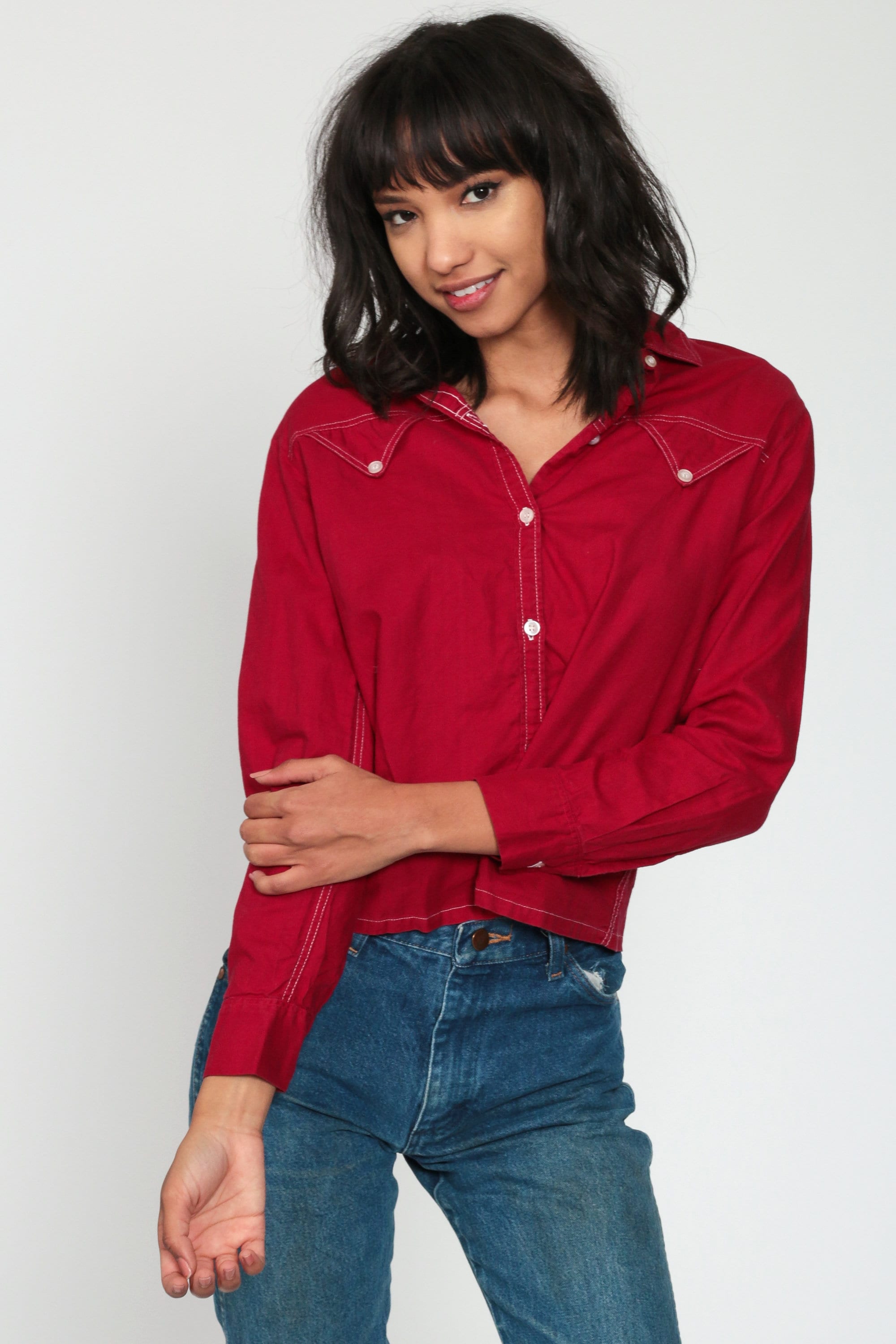 sheer red button up shirt