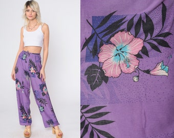 Hawaiian Floral Pants Tropical Wrap Trousers 90s Side Slit Wide Leg Pants High Waist Pants Purple Hibiscus Bird Vintage Small Medium xs