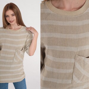Striped Pocket Tee 90s Tan T-Shirt Basic TShirt Streetwear Crewneck Pocket Short Sleeve Top Neutral Tonal Minimal Rayon Vintage 1990s Small image 1