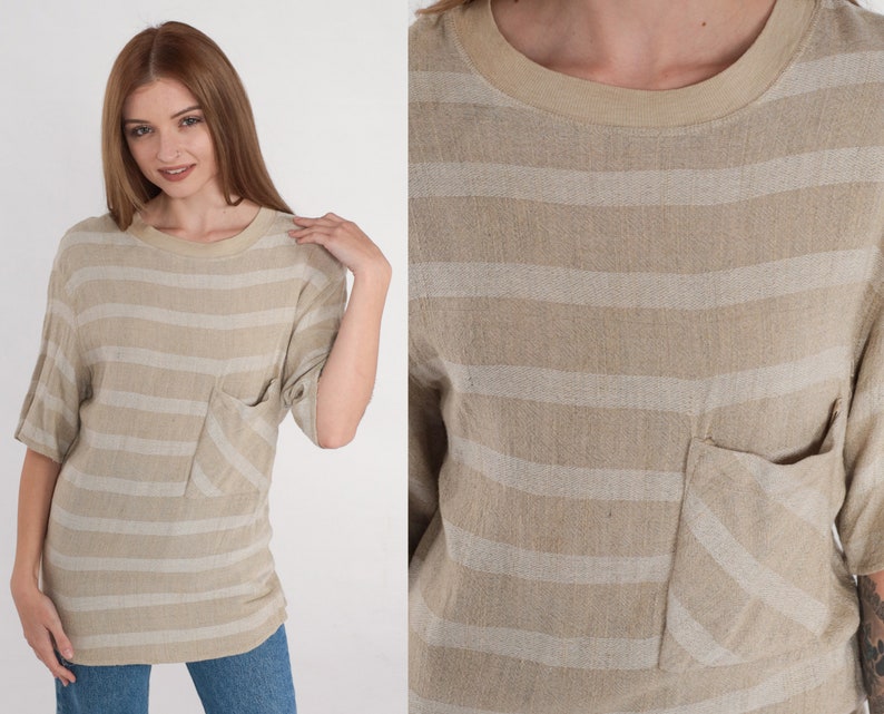 Striped Pocket Tee 90s Tan T-Shirt Basic TShirt Streetwear Crewneck Pocket Short Sleeve Top Neutral Tonal Minimal Rayon Vintage 1990s Small image 1