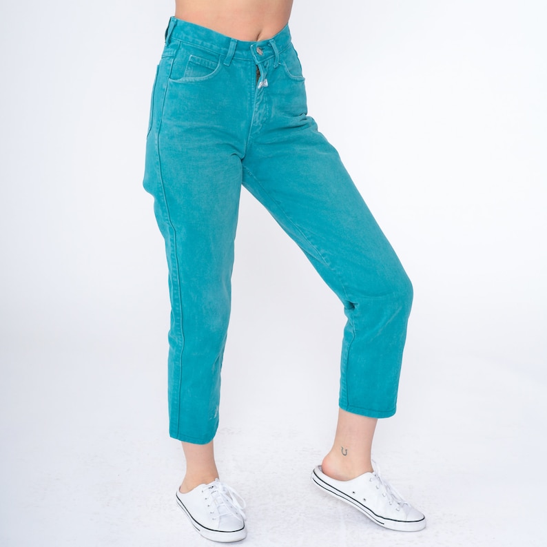 Teal Jeans 90s Ankle Jeans High Waisted Rise Slim Tapered Leg Denim Pants Retro Cropped Mom Jeans Blue Green Vintage 1990s Extra Small XS image 5