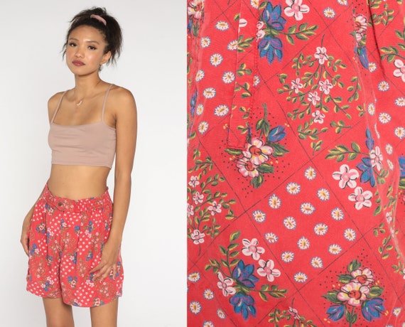 90s Floral Shorts Red Patchwork Print Rayon Lizwear Baggy Pleated Shorts High Waisted Liz Claiborne Shorts Botanical 1990s Vintage Medium