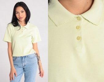 Pale Green Polo Shirt -- Vintage Y2K Half Button Up Shirt Banded Hem Top Pastel Collared 00s Slouch Short Sleeve Large Petite L