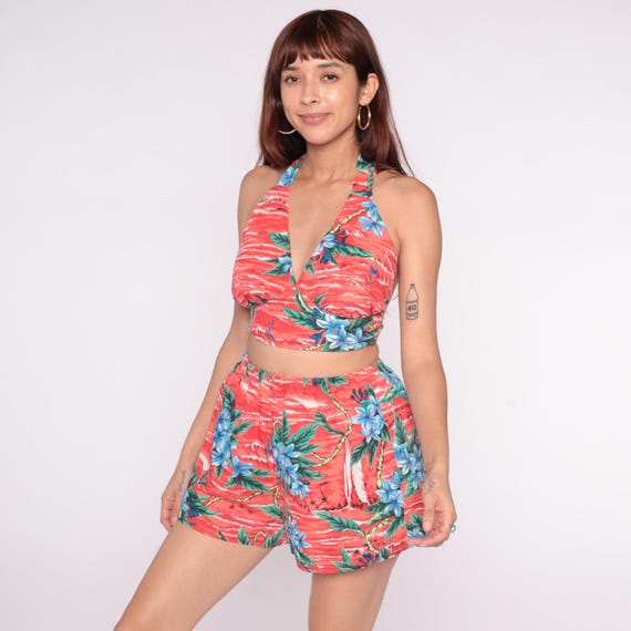 90s Tropical Swimsuit Two Piece Halter Bikini Top High Waisted Shorts Pink Coral Red Floral Hawaiian Cotton Vintage Beach Medium Large M L