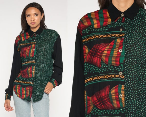 Baroque Shirt 90s Flag Print Blouse Black Green Pebble Print Grunge Button Up Top 1990s Long Sleeve Vintage Rayon Oversized Small S