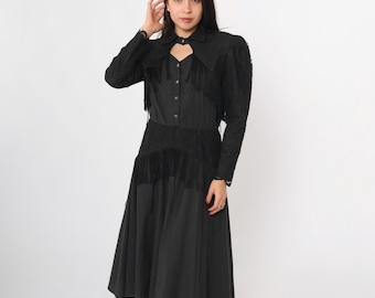 Vintage Lilia Smitty Western Dress 80s Black Fringe Prairie Midi Keyhole Button Up Lace Long Puff Sleeve 1980s Goth Witchy Cowgirl Small 5/6