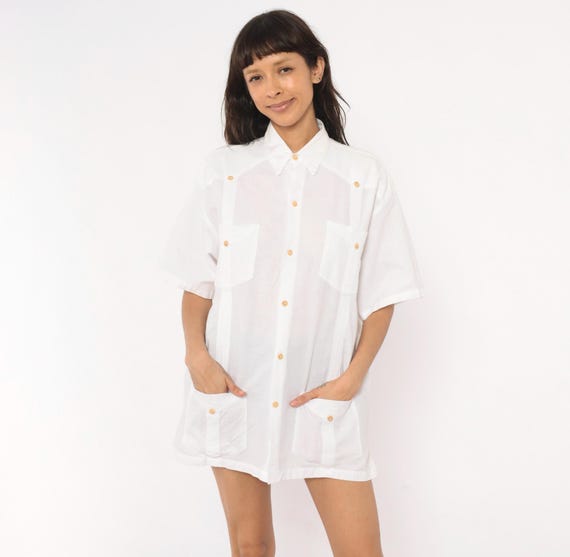 90s White Shirt Button Front Cotton Four Pocket Short Sleeve Summer Beach Vacation Loose Fit Pointed Collar Vintage Top Extra Large XL