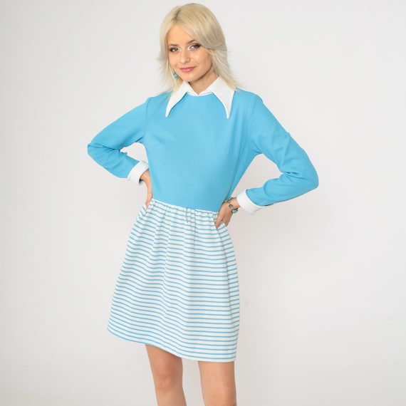 70s Mini Dress Blue Striped Vicky Vaughn Dress 1970s Mod High Waisted Contrast Collar Vintage Long Sleeve Twiggy Gogo 60s Minidress Small