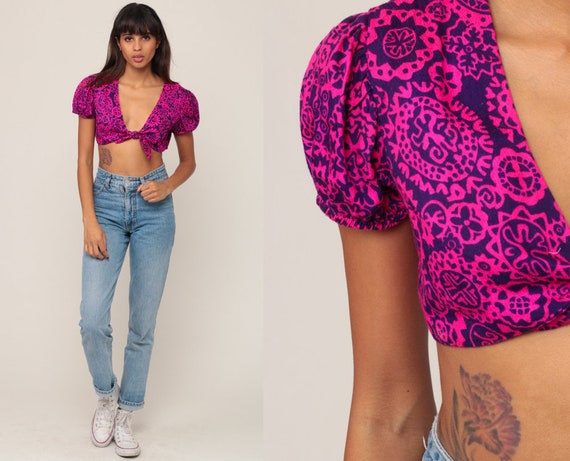 70s Crop Top PUFF Sleeve Blouse 70s Hippie Boho Shirt Floral Print Deep V Neck PLUNGING Vintage Bohemian Hot Pink Blue Medium