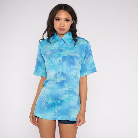 70s Hawaiian Shirt Blue Polo Abstract Cloud Wave Bamboo Print Half Button up Tropical Short Sleeve Vintage 1970s Lehua Hawaii Men's Medium M