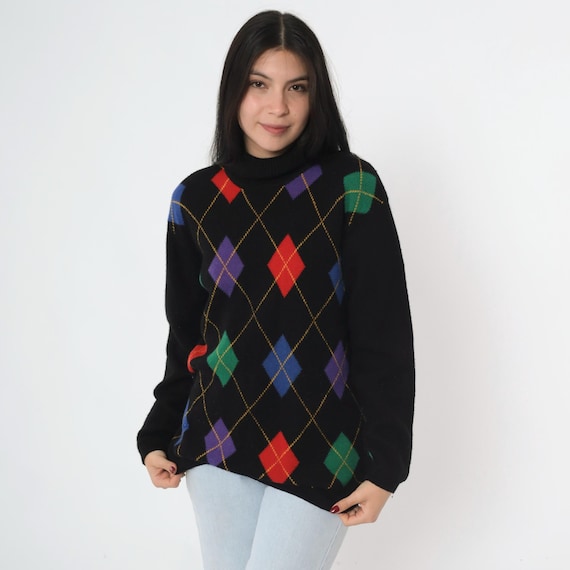 Vintage Argyle Wool Sweater Black 80s Mock Neck Pullover Slouchy Checkered Knit 1980s Cozy Jumper Medium M