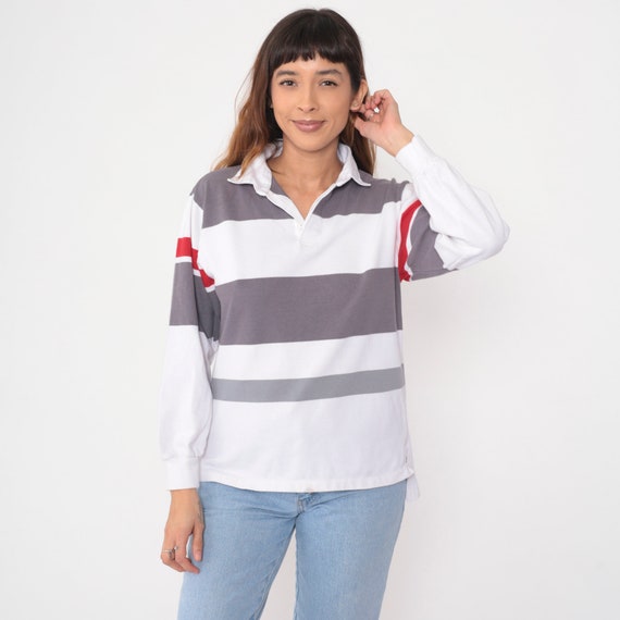 Striped Rugby Shirt 90s White Grey Polo Shirt Lon… - image 2