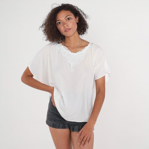 White Floral Blouse 90s Lace Flower Applique Shirt Retro Short Sleeve Top Bohemian Hippie Summer Festival Flowy Vintage 1990s Extra Large xl