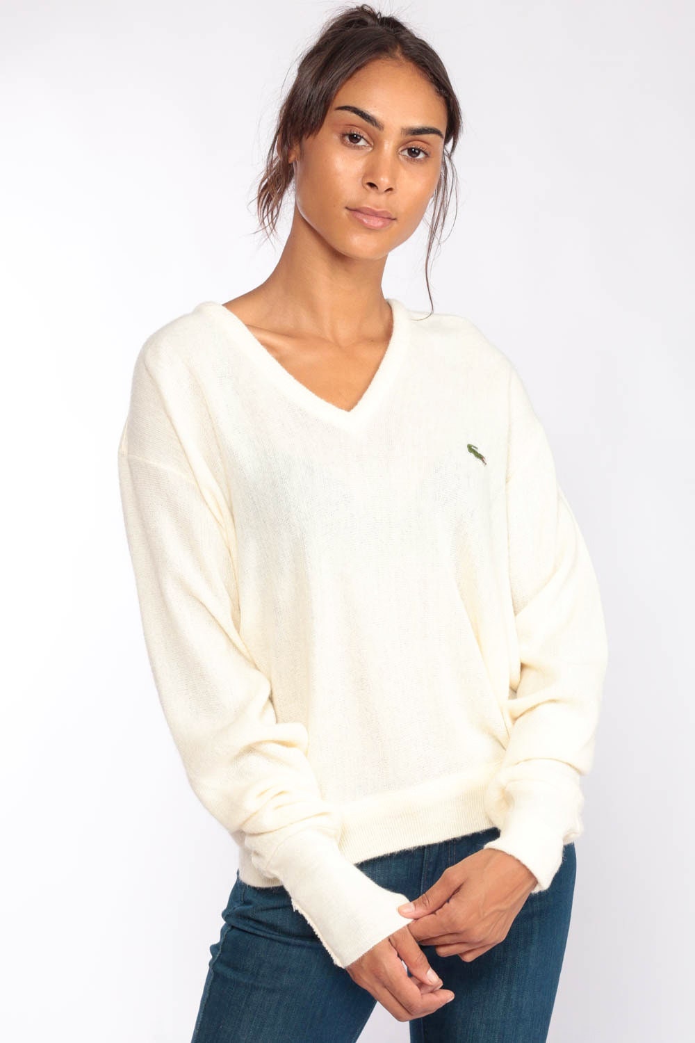 Cream Sweater Lacoste Sweater 80s V Neck Pullover Sweater IZOD Crocodile Slouchy Vintage 1980s 