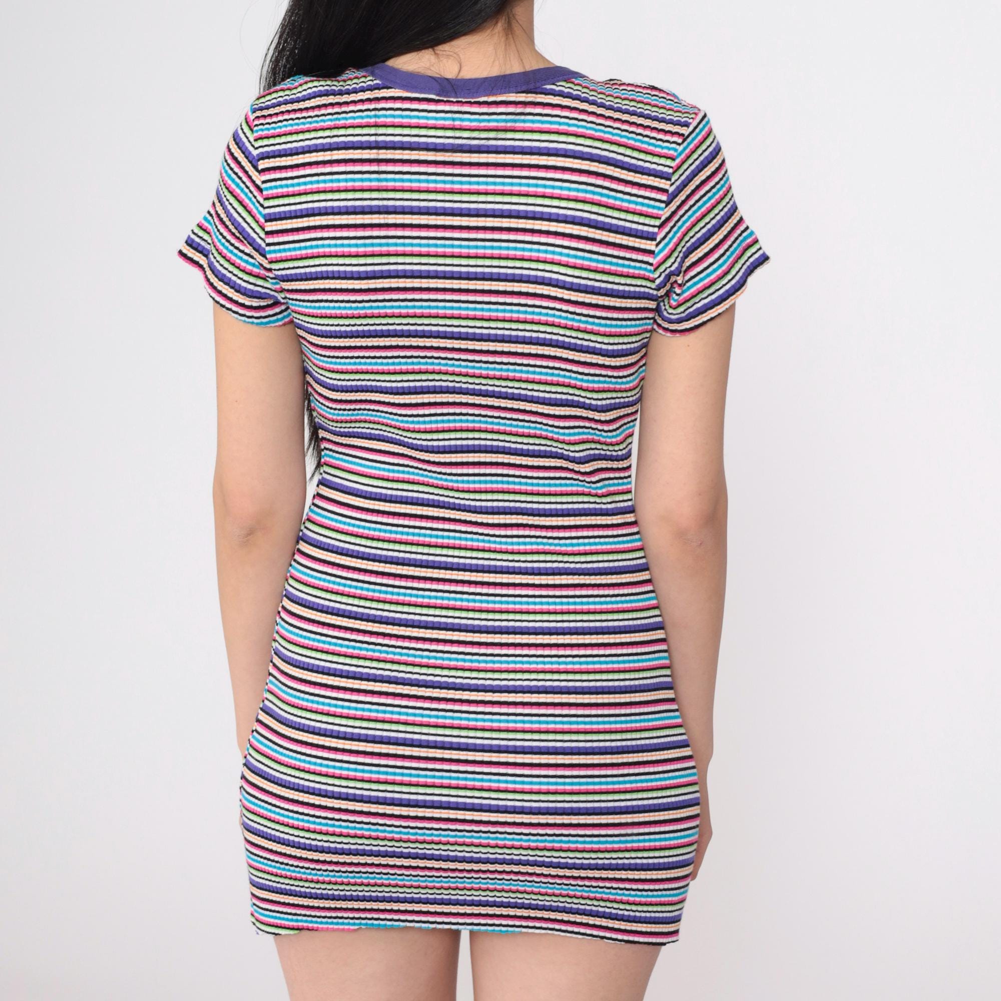 striped t shirt dress bodycon Vintage Striped T-Shirt Dress 90s Y2K Bodycon Micro Mini Dress 1990s Retro Purple Rainbow Ringer Tee Scoop Neck Tshirt Dress Small Medium