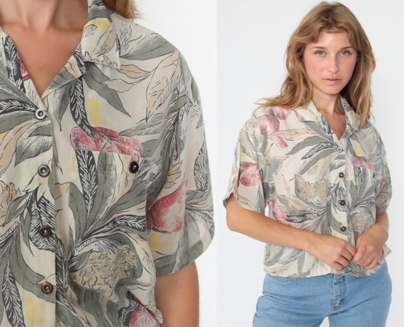 Hawaiian Blouse Fruit Shirt Floral Tropical Shirt Button Up Shirt 90s Top Vintage Beach Surfer 1990s Medium