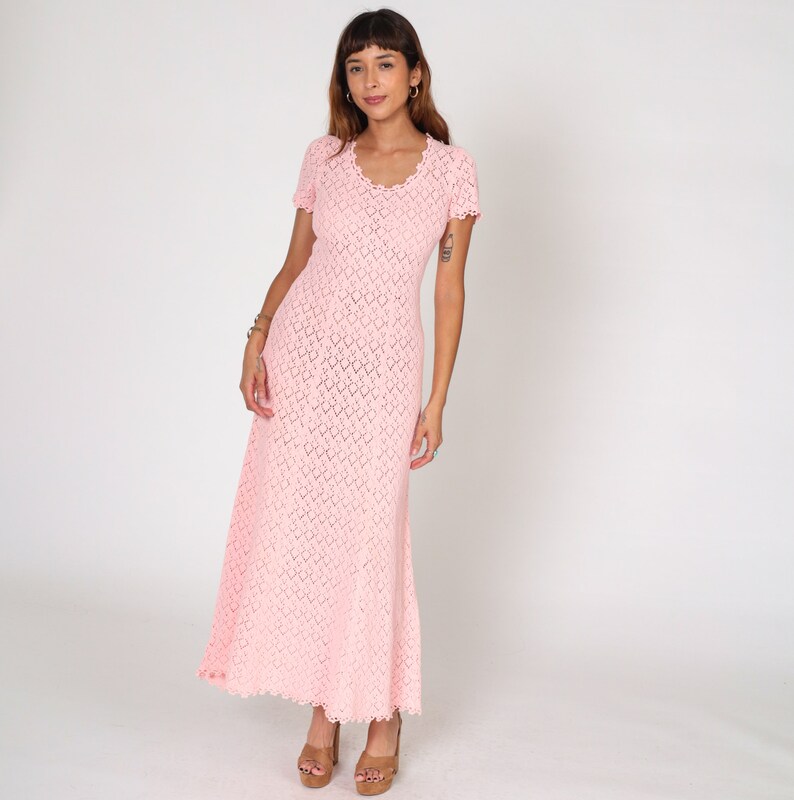 70s Crochet Dress Sheer Maxi Pink Dress Boho Knit Sweater Dress Festival Hippie Bohemian Dress Short Sleeve Scoop Neck Vintage Small S image 2