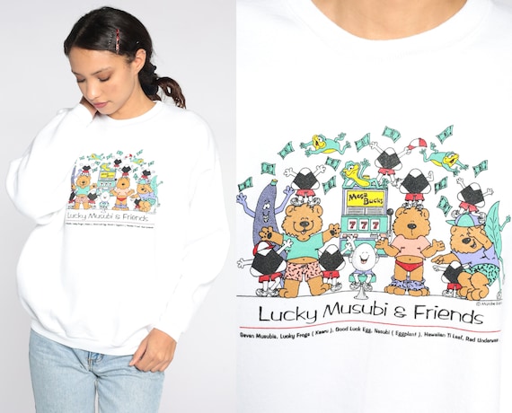 Lucky Musubi Sweatshirt 90s Sushi Sweatshirt Teddy Bear Sweatshirt Vintage Graphic Novelty Print Kawaii 1990s Medium Large