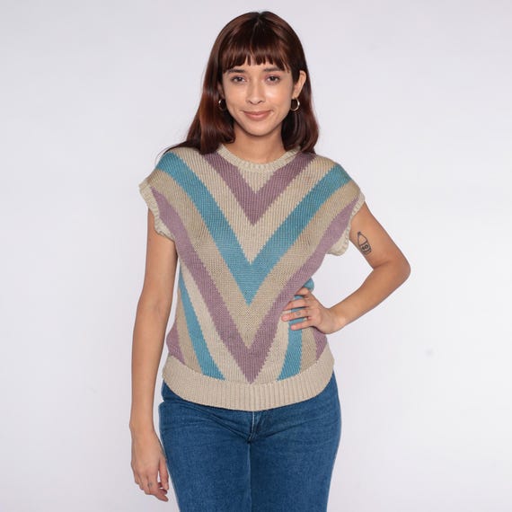 80s Chevron Sweater Purple Turquoise Cream Striped Geometric Knit Top Crew Neck Vintage Preppy Pattern Mauve Blue Casual Colorful Small S