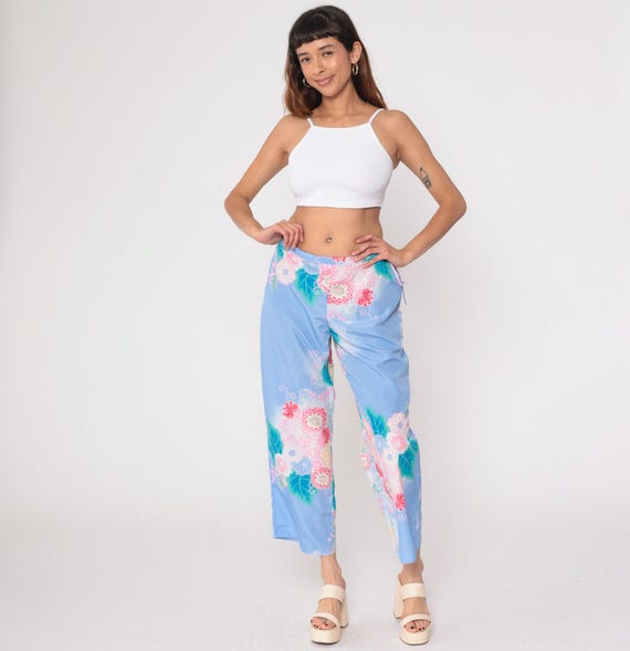 Y2K Floral Pajama Pants Blue Pink Green Yellow Flowers Elastic Waist Cropped Ankle Length Coquette Summer Vintage Natori Palazzo Medium M