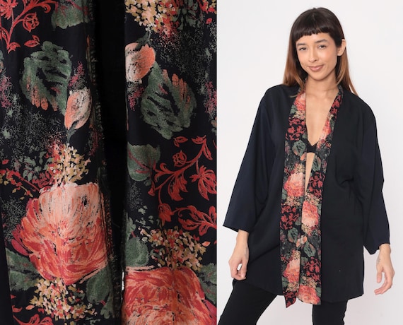 Black Kimono Cardigan 90s Floral Rose Garden Trim Duster Robe Long Sleeve Tunic Jacket Minimalist Gothic Loungewear House Jacket Large L