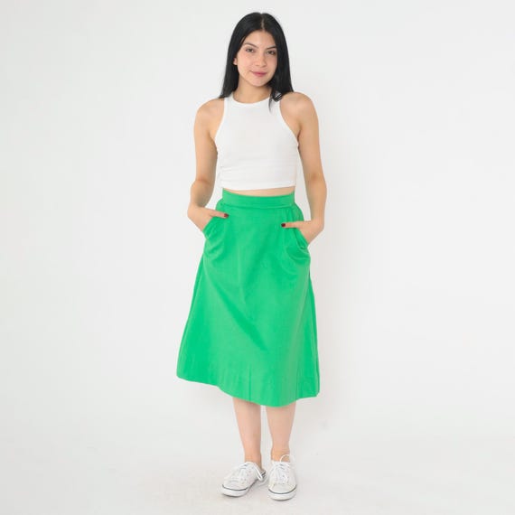 Vintage Green Girl Scouts Skirt 1970s Midi Length Pockets High Waist 70s Classic A-Line Retro Uniform High Waisted Extra Small xs