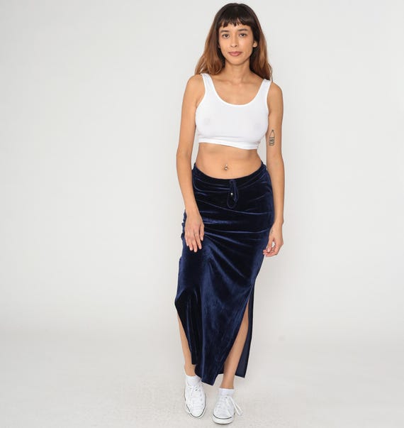 Blue Velvet Skirt 90s Maxi Drawstring Side Slit Long Floor Length  Relaxed Vintage Dark Academia Grunge Whismigoth Vamp Alternative Large L