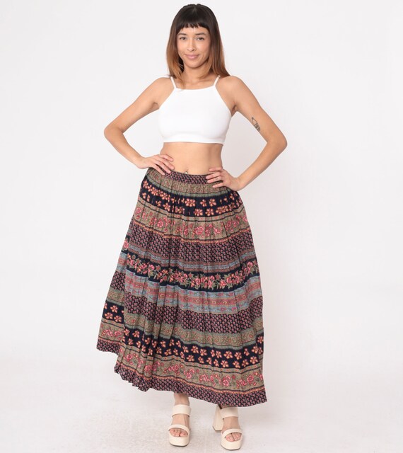 Floral Midi Skirt 90s Striped Patchwork Skirt Sus… - image 3