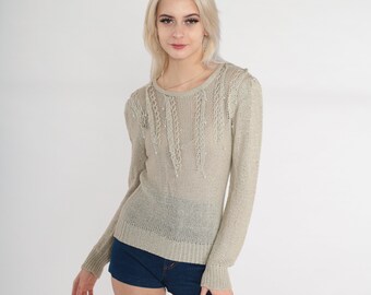 Pearl Beaded Sweater 80s Taupe Puff Sleeve Semi-Sheer Pullover Knit Sweater Cableknit Ruffle Retro Jumper Vintage 1980s Currents Small xs s