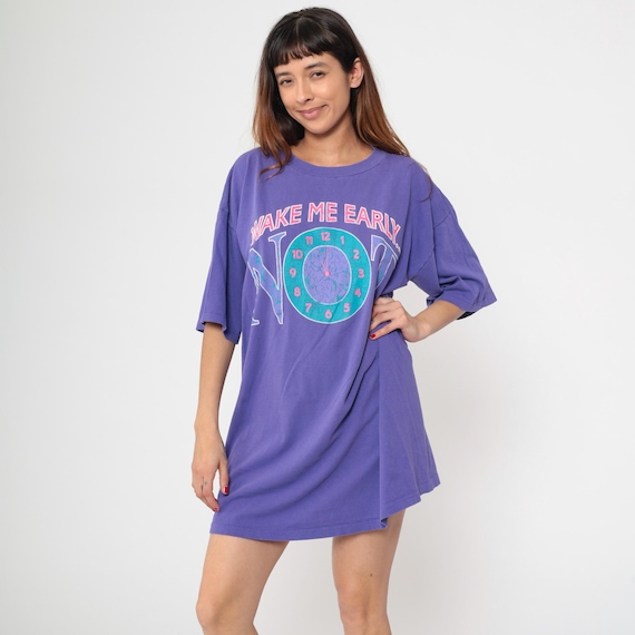 90s Pajama T Shirt Dress Wake Me Early NOT Joke Nightie Mini 1990s Purple Graphic PJs Vintage Night Owl Small Medium Large
