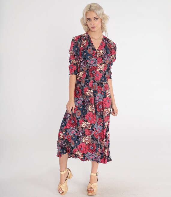 Floral Day Dress 80s Button up Midi Dress Puff Sl… - image 3