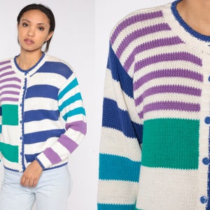 Striped Cardigan 90s White Button Up Sweater Retro Hipster Knit Sweater Blue Green Purple Stripes Vintage 1990s Cotton Ramie Petite Small S